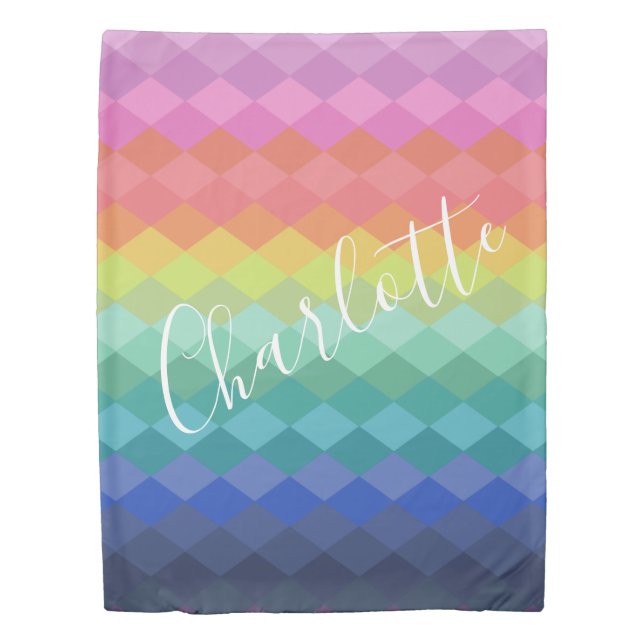 Rainbow Ombre Diamond Gradient with Name Script Duvet Cover (Front)