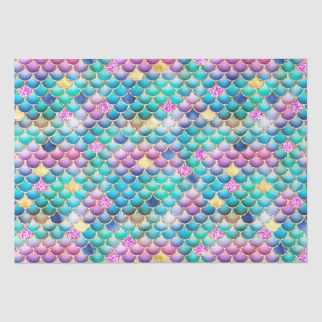 Rainbow Ombre Foil & Gold Glitter Mermaid Scales Tissue Paper (Front)