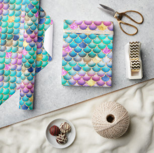 Rainbow Ombre Foil & Gold Glitter Mermaid Scales Wrapping Paper