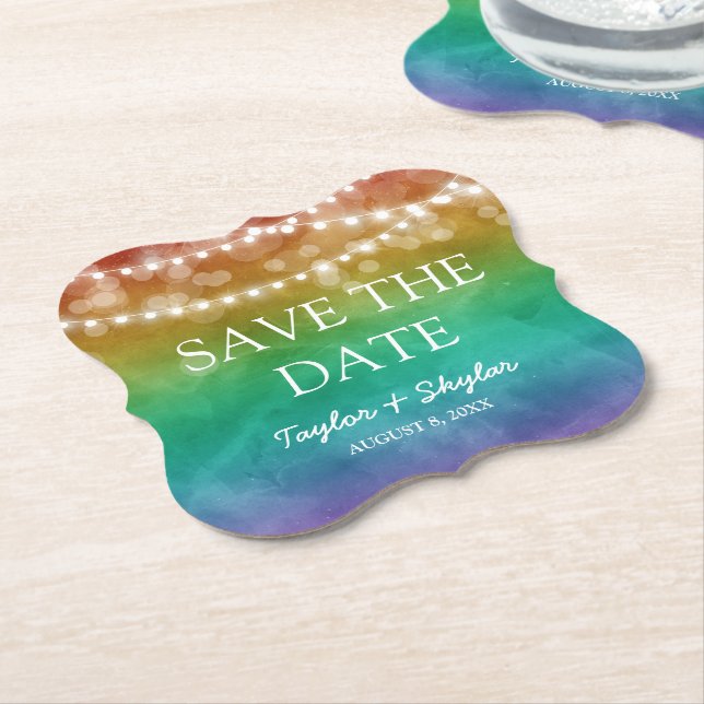 Rainbow Ombre  Gay Wedding Save the Date Paper Coaster (Angled)