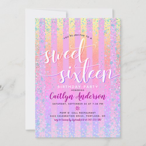 Rainbow Ombre Girly Sweet Sixteen Birthday Script Invitation