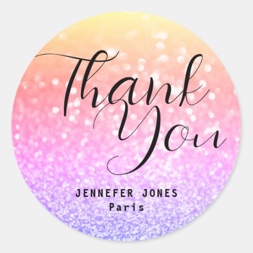 Rainbow Ombre Glitter Crystal Bokeh Thank You  Classic Round Sticker