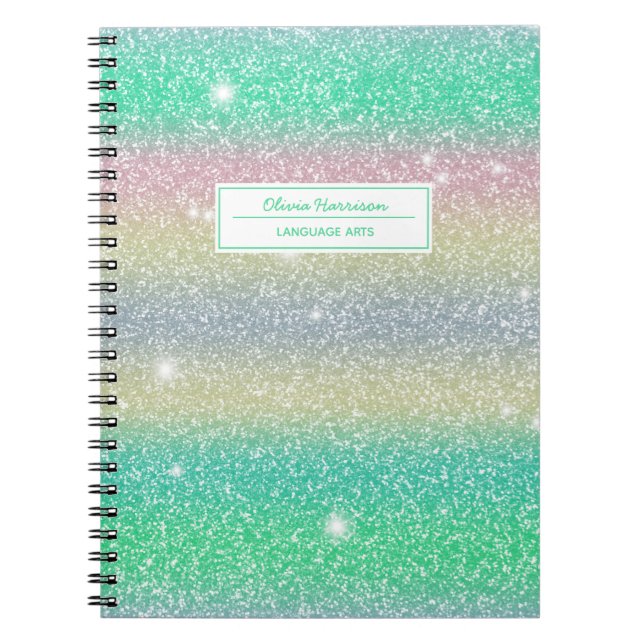 Rainbow Ombre Glitter Name and Subject Notebook (Front)