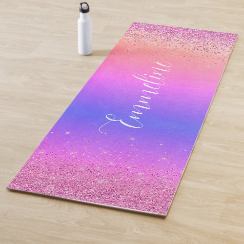 Rainbow Ombre Glitter Script Name Yoga Mat