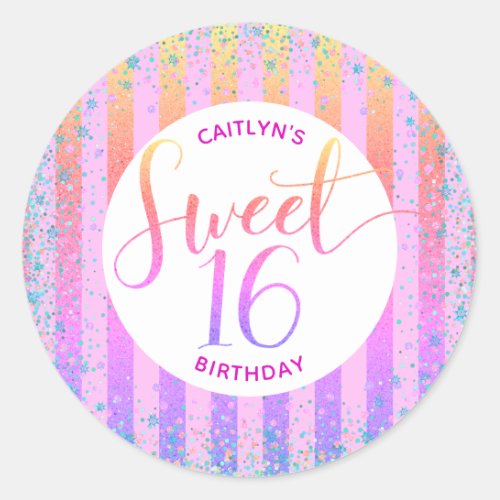 Rainbow ombre glitter script sweet 16 birthday classic round sticker