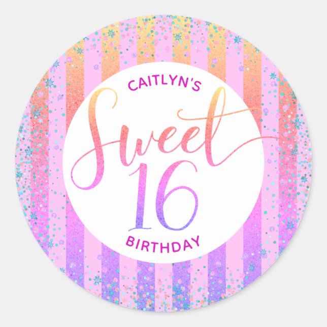 Rainbow ombre glitter script sweet 16 birthday classic round sticker (Front)