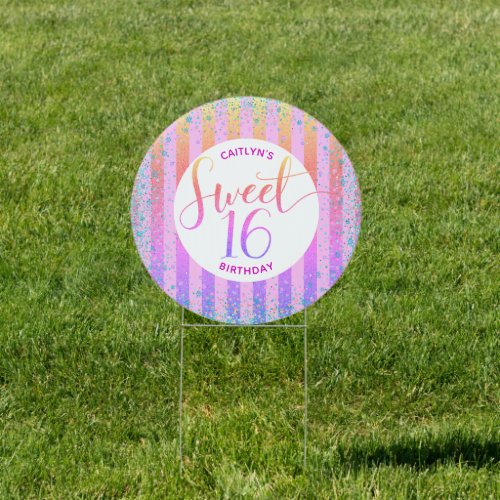 Rainbow Ombre Glitter Sweet 16 Birthday Script Sign