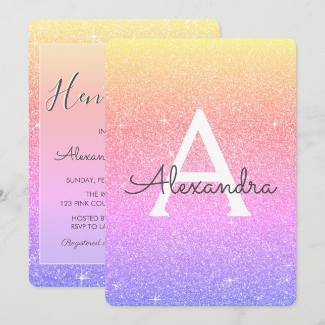 Rainbow Ombre Sparkle Glitter Hen's Party Invitation (Front/Back)