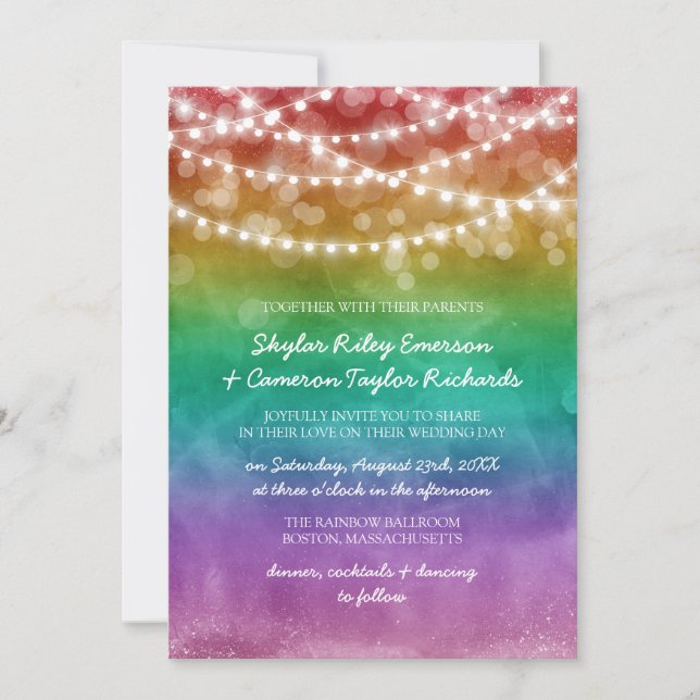 Rainbow Ombre String Lights Details Gay Wedding Invitation (Front)