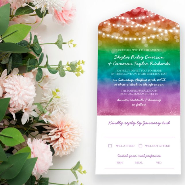 Rainbow Ombre String Lights Gay Wedding All In One Invitation (Creator Uploaded)