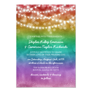 Rainbow Ombre String Lights Gay Wedding Card