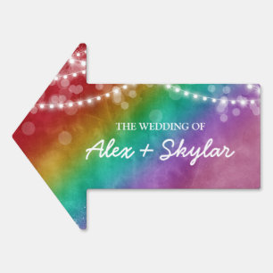 Rainbow Ombre String Lights Gay Wedding Direction Sign