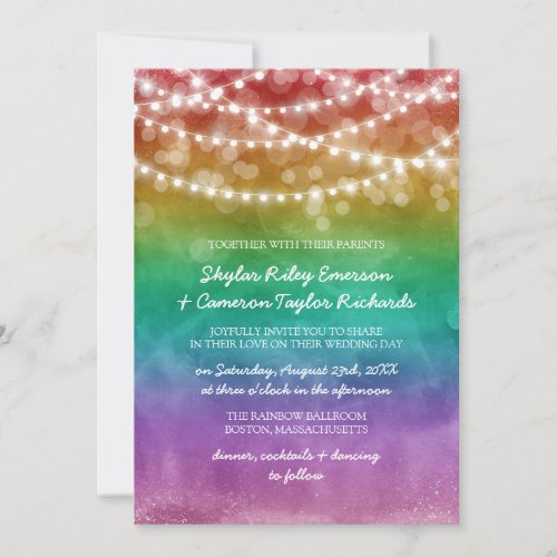 Rainbow Ombre String Lights Gay Wedding Invitation