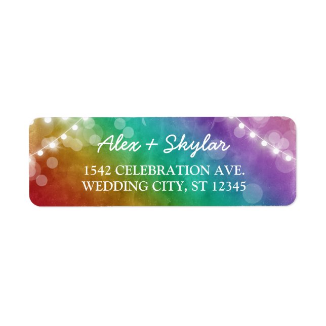 Rainbow Ombre String Lights Gay Wedding Label (Front)
