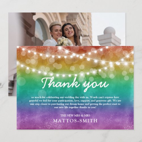 Rainbow Ombre String Lights Gay Wedding Photo Thank You Card