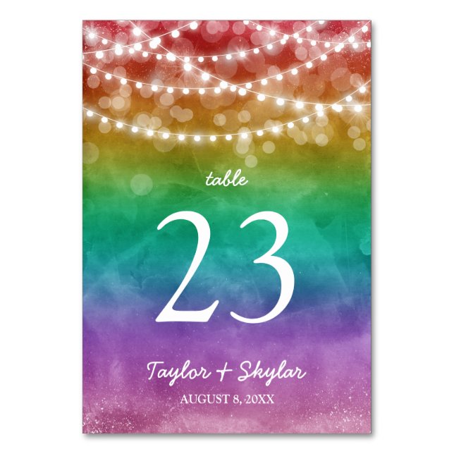 Rainbow Ombre String Lights Gay Wedding Table Number (Front)