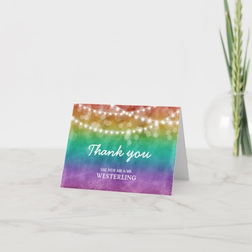 Rainbow Ombre String Lights Gay Wedding Thank You Card