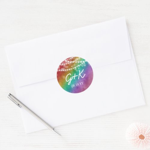 Rainbow Ombre String Lights Monogram Gay Wedding Classic Round Sticker