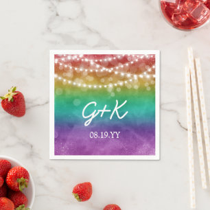 Rainbow Ombre String Lights Monogram Gay Wedding Napkins