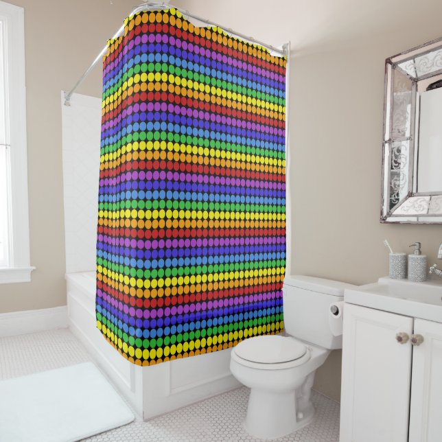 rainbow on black Mid century mod dots circles Shower Curtain (In Situ)