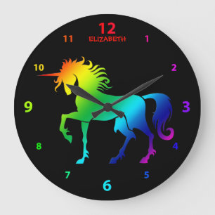 Rainbow On Black Named Unicorn Clock