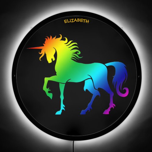 Rainbow On Black Named Unicorn Clock LED Sign