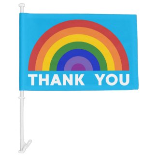 Rainbow on Sky Blue Thank You Car Flag