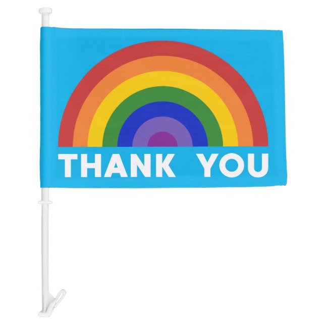 Rainbow on Sky Blue Thank You Car Flag (Front)