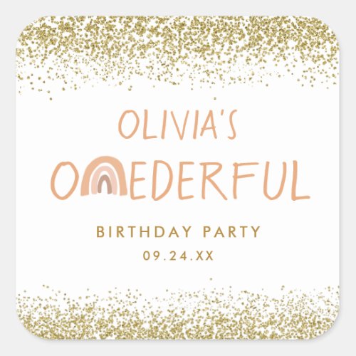Rainbow Onederful Girl 1st Birthday Party Square Sticker