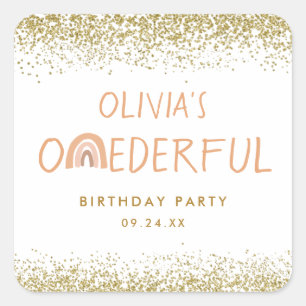 Rainbow Onederful Girl 1st Birthday Party Square Sticker