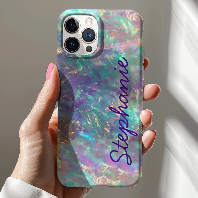 Rainbow Opal Gemstone Iridescent Monogram Name Case-Mate iPhone Case (Creator Uploaded)