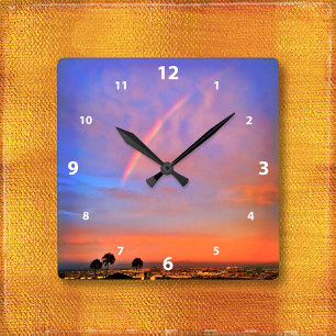 Rainbow orange blue sunset sky landscape photo square wall clock