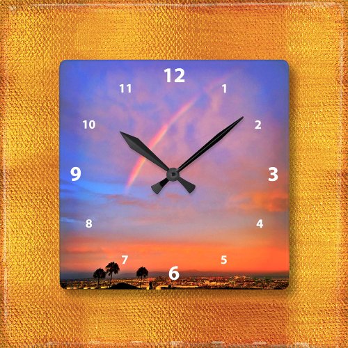 Rainbow orange blue sunset sky landscape photo square wall clock