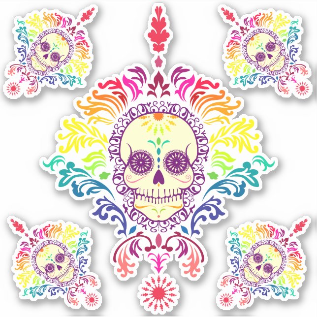 Rainbow Ornate Day of the Dead Sugar Skulls Sticker (Front)