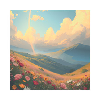 Rainbow Over Flower Field Metal Print
