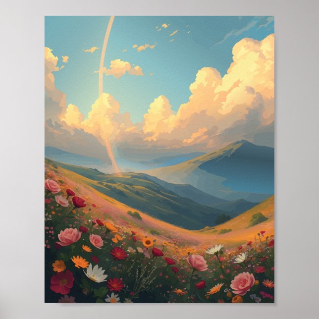 Rainbow over flower Field Poster (Front)