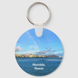 Rainbow over Honolulu, Hawaii Keychain