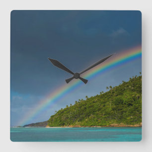 Rainbow over island, American Samoa Square Wall Clock