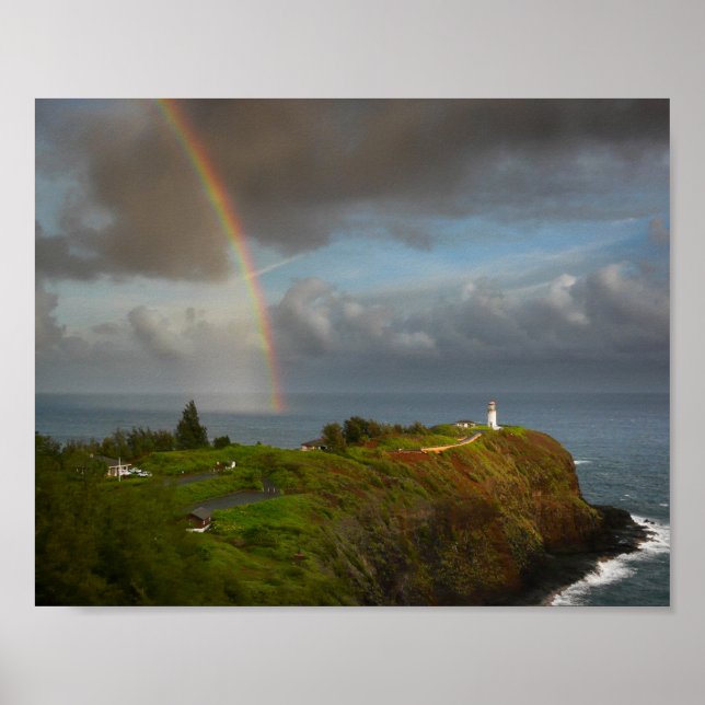 Rainbow over Kilauea Lighthouse on Kauai poster (Front)