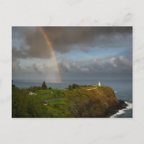 Rainbow over lighthouse on Kauai postcard