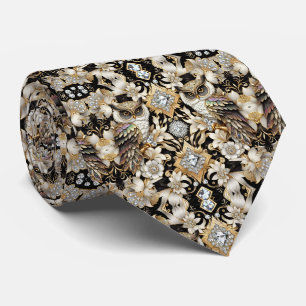 Rainbow Owl Art Deco Necktie – Black, White & Gold