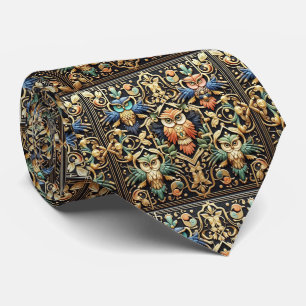 Rainbow Owl Art Deco Necktie – Black, White & Gold