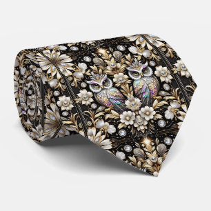 Rainbow Owl Art Deco Necktie – Black, White & Gold