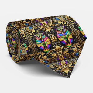 Rainbow Owl Art Deco Necktie – Black, White & Gold