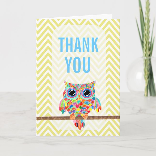 Rainbow Owl Chevron Thank You Card (Front)