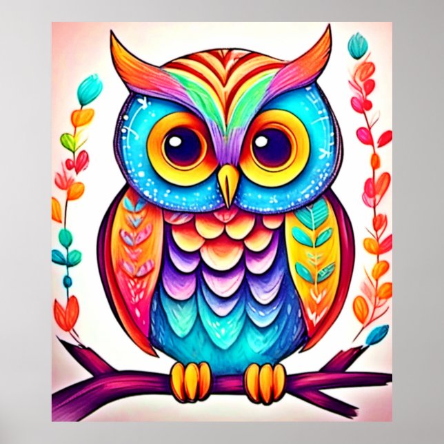 Rainbow Owl Perch Art Poster (Front)