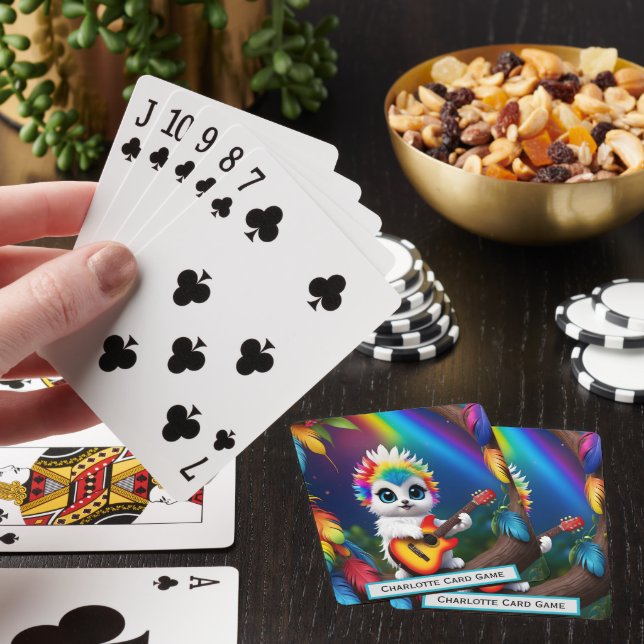 Rainbow Owl Plays Guitar Monogram Go Fish Game Poker Cards (In Situ)