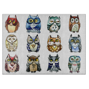 Rainbow owls and cat watercolor cutting board