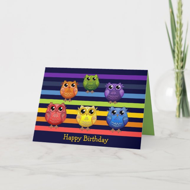 Rainbow Owls Birthday custom Text card (Front)