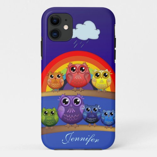 Rainbow Owls on branches  custom Name iPhone 11 Case
